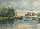 "Alblasserdam" - Peinture aquarelle de la main de Piet van Rhoon (1935-1988) - signé dans l'oeuvre