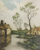 Gravure originale aquaforte 1920-1930, coloré d'origine "Le Vivier" signé par Davril (Lucien Dasselborne 1873-1952)