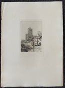 Gravure originale " Huy - West End of the Cathedral from the Meuse " vers 1878 par Ernest George (1839-1922)