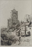 Gravure originale " Huy - West End of the Cathedral from the Meuse " vers 1878 par Ernest George (1839-1922)