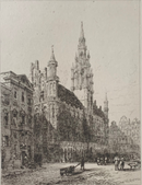 Gravure originale " Bruxelles - Hotel de Ville and Grande Place " vers 1878 par Ernest George (1839-1922)
