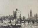 Gravure originale " Bruges - Old Walls, Notre Dame and Belfry " vers 1878 par Ernest George (1839-1922)