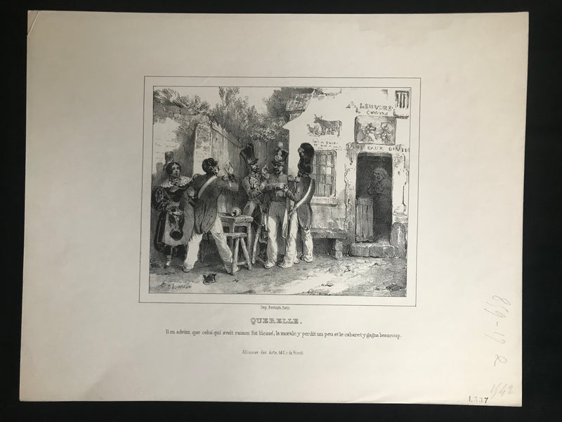 Lithographie originale " Querelle " datant de 1830-1850 par Bertauts d'après Charlet