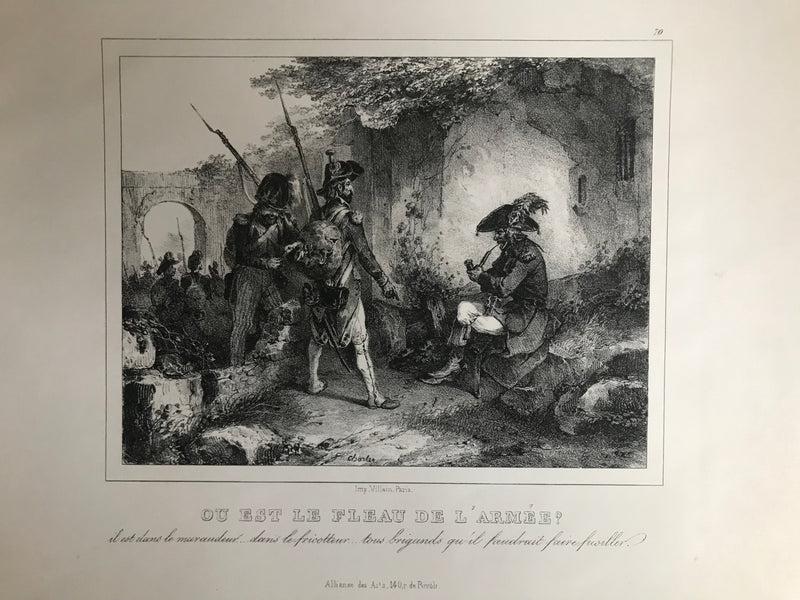 Lithographie originale "Où est le Fléau de l'Armée" datant de 1825-1830 par Jean Villain d'après Charlet