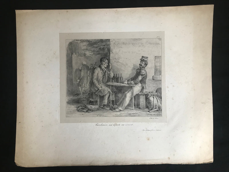 Lithographie originale "Carabinier, ma défunte me revient" datant de 1825-1830 par Jean Villain d'après Charlet