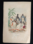 Gravure originale couleur gommée "Abyssinie - Prêtre Abyssin, Ababdeh,Femme du Tigré, soldat Abyssin" vers 1855 par Saunier d'après Philippotaux