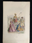 Gravure originale couleur gommée "Asie - Femmes de Tiflis, Cavalier Kurde,Persan" vers 1855 par Pierre d'après Philippotaux