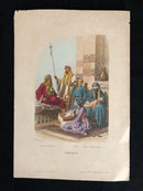 Gravure originale couleur gommée "Afrique - Enfants et Femmes Fellahs" vers 1855 par Pierre d'après Philippotaux