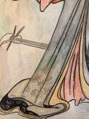 Dessin Japonais "Geisha avec Shamisen" - Original, coloré et encadré - Artiste et date inconnu, probablement début 20ème Siècle