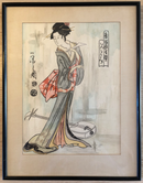 Dessin Japonais "Geisha avec Shamisen" - Original, coloré et encadré - Artiste et date inconnu, probablement début 20ème Siècle