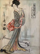 Dessin Japonais "Geisha avec Shamisen" - Original, coloré et encadré - Artiste et date inconnu, probablement début 20ème Siècle