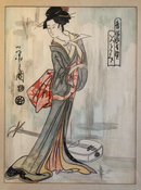 Dessin Japonais "Geisha avec Shamisen" - Original, coloré et encadré - Artiste et date inconnu, probablement début 20ème Siècle