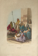 Gravure originale couleur gommée "Afrique - Enfants et Femmes Fellahs" vers 1855 par Pierre d'après Philippotaux