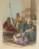 Gravure originale couleur gommée "Afrique - Enfants et Femmes Fellahs" vers 1855 par Pierre d'après Philippotaux