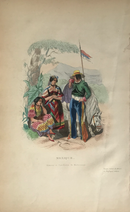 Gravure à l'eau forte, en couleur "Mexique - Metisses et Guerilleros" vers 1845 par Gabriel Lafond de Lucry