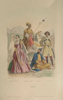 Gravure originale couleur gommée "Asie - Femmes de Tiflis, Cavalier Kurde,Persan" vers 1855 par Pierre d'après Philippotaux
