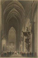 Gravure sur acier en couleur "Interior of the Church of St. Gudule, Brussels" vers 1850 par A.H. Payne d'après W.H. Bartlett