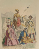 Gravure originale couleur gommée "Asie - Femmes de Tiflis, Cavalier Kurde,Persan" vers 1855 par Pierre d'après Philippotaux
