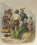 Gravure originale couleur gommée "Europe - Kiew  Russe Norvégien Ecossais  Islandaises" vers 1855 par Pierre d'après Philippotaux